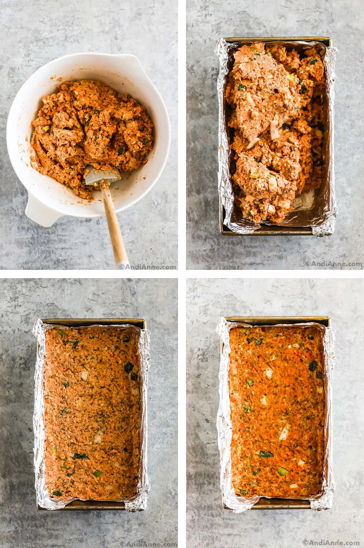 Four images in one. 1. The milk and egg mixture is mixed thoroughly with the salmon and spice mixture. 2. Finished mixture of all ingredients is added to loaf pan. 3. Mixture is packed down into loaf pan. 4. Salmon loaf is finished baking. 