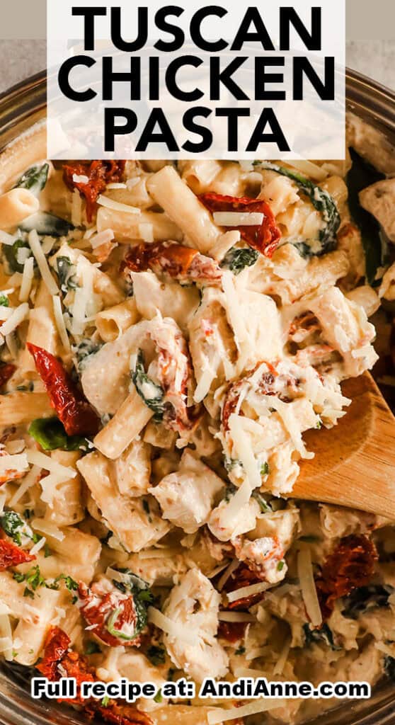 A pot of tuscan chicken pasta