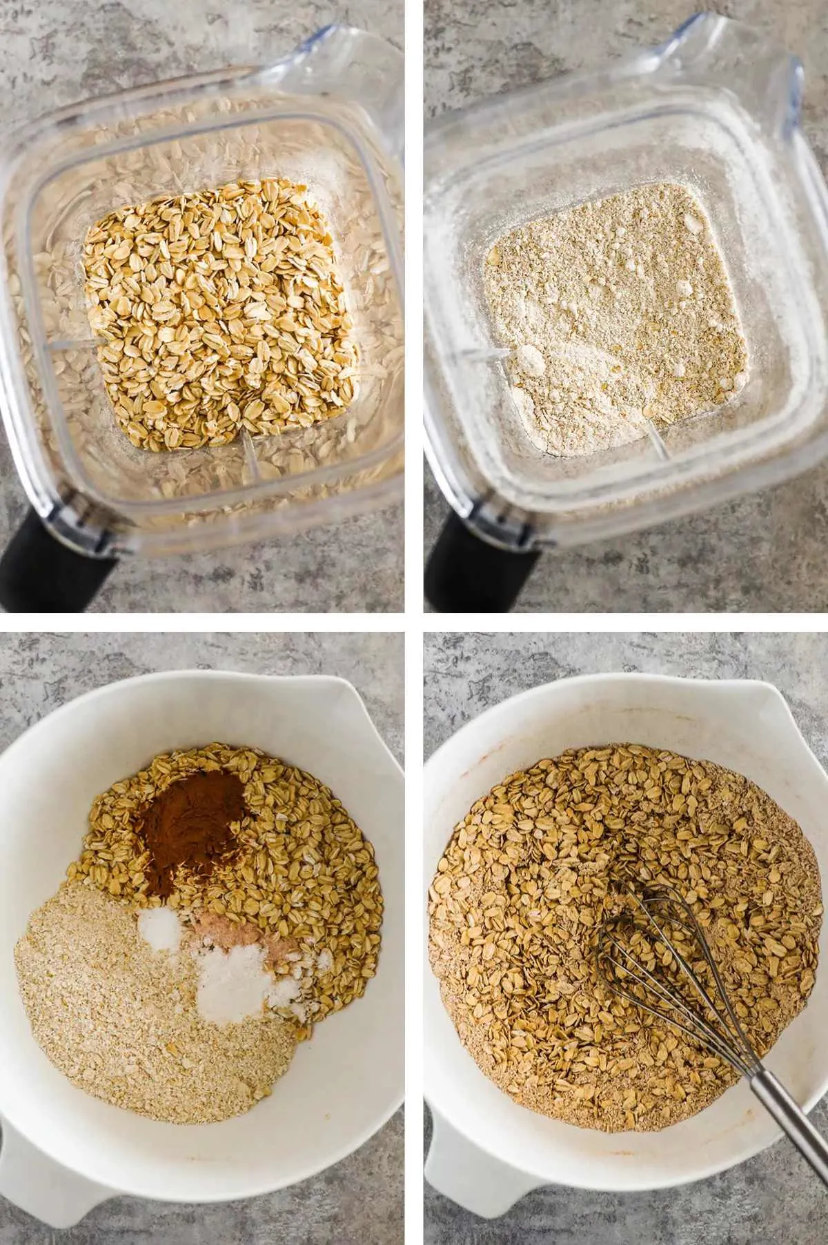 Four images in one. 1. Rolled oats in a blender. 2. Blended oats. 3. Cinnamon, baking soda, baking powder, salt and blended oats are added to a bowl  of rolled oats. 4. All of these ingredients are mixed.
