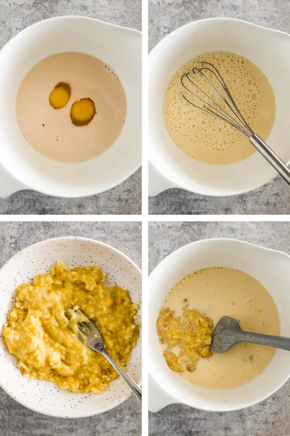 Four images in one. 1. Wet ingredients in a bowl. 2. Wet ingredients mixed with a whisk. 3. Mashed bananas on a plate. 4. Mashed bananas added to the bowl of mixed wet ingredients