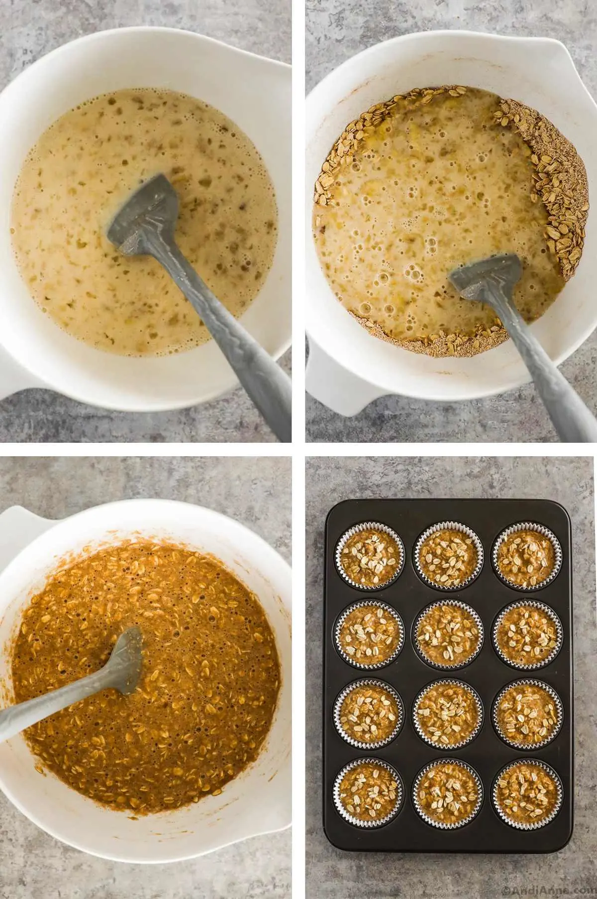 Four images in one. 1. All wet ingredients are combined in a bowl. 2. dry ingredients are added to the wet. 3. Wet and dry ingredients are mixed. 4. Mixed ingredients are added to a muffin baking tray of 12. 