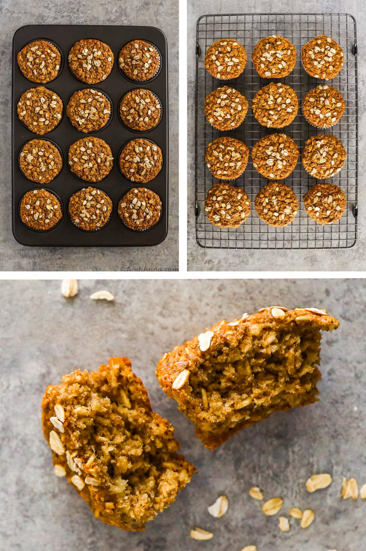 banana oatmeal muffins in a muffin pan, on a cooling rack and one ripped apart to see inside