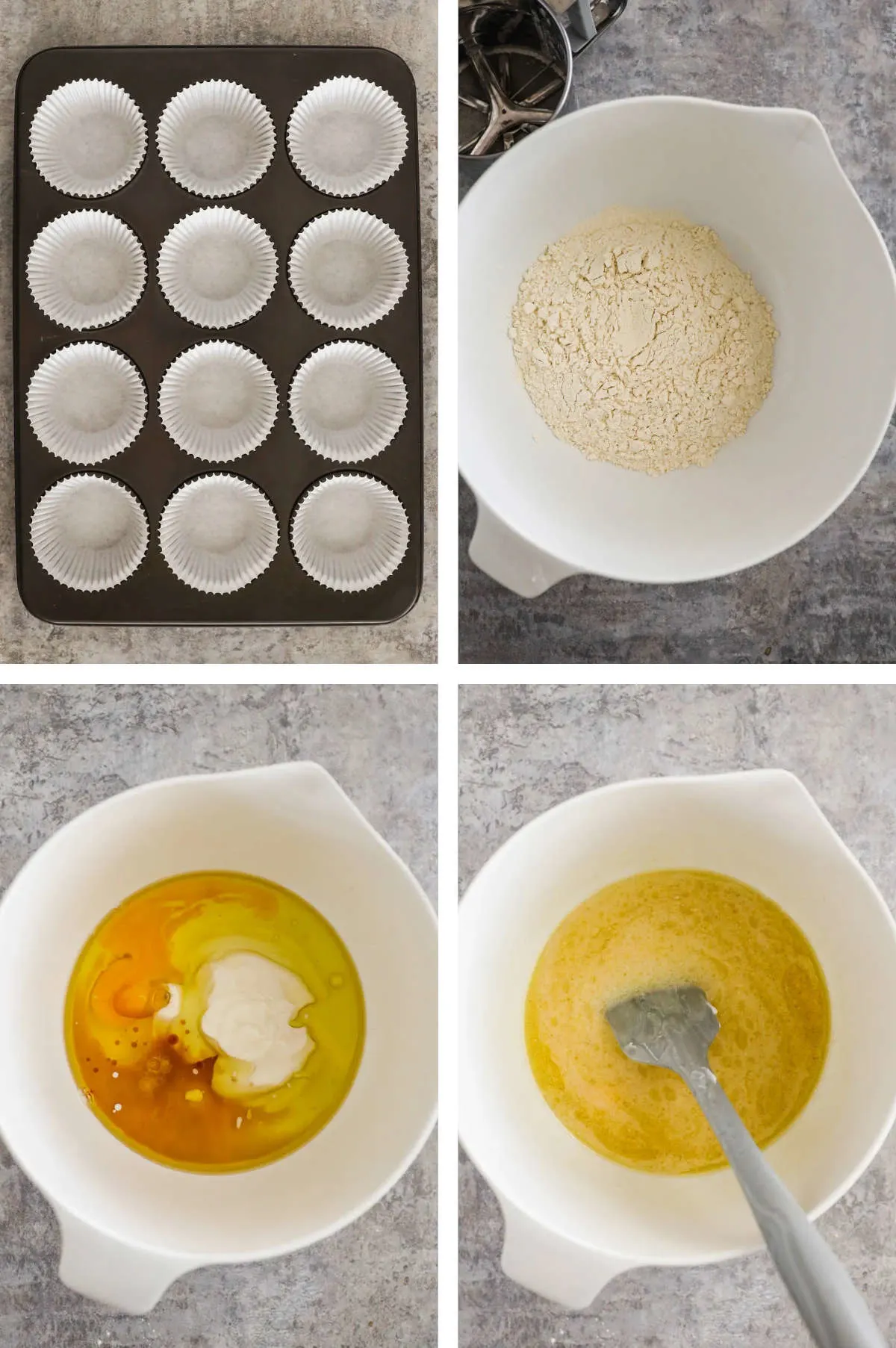 Four images in one: 1. Cupcake liners in muffin tin. 2. Dry ingredients in white bowl. 3. Wet ingredients in bowl. 4. Wet ingredients mixed. 