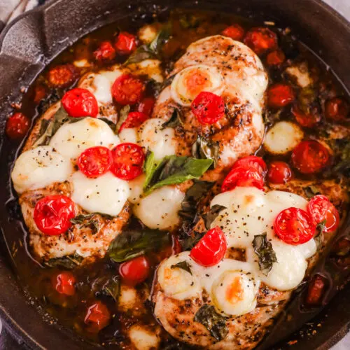 Skillet with chicken breasts, tomatoes, cheese and basil in a balsamic sauce.
