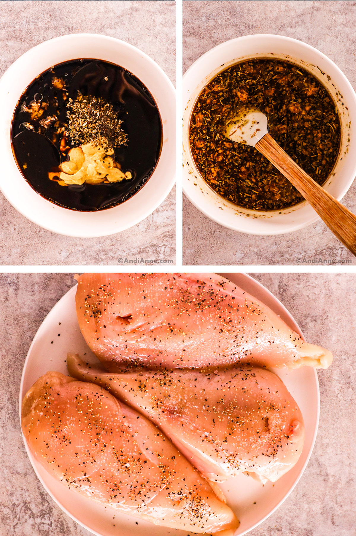 Three images, first two are dark brown sauce ingredients in a bowl, unmixed then mixed. Last image is seasoned raw chicken breasts on a plate.