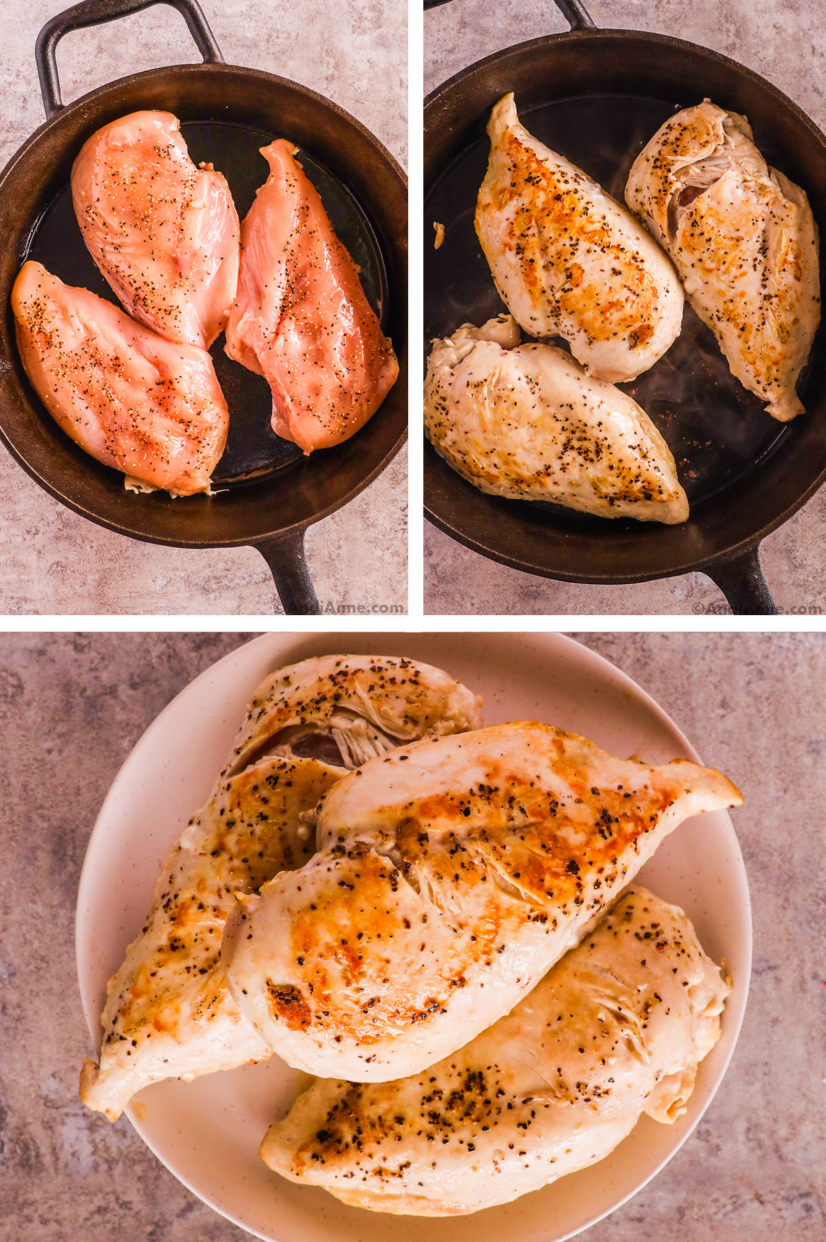Three images of chicken breasts. First is raw chicken breasts in a skillet, second seared chicken with crispy coating, third is chicken on a plate.