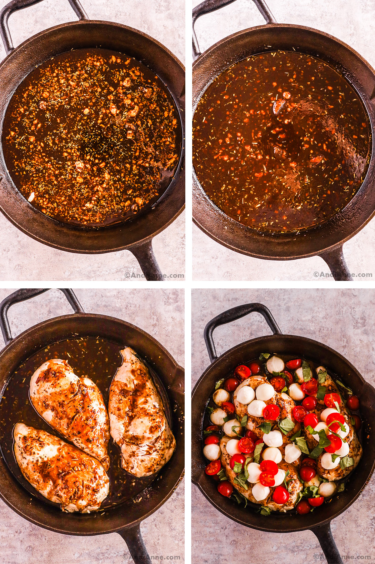 Four images of a cast iron skillet. First two with brown sauce ingredients. Third with chicken breasts. Fourth, topped with tomatoes, basil and cheese.