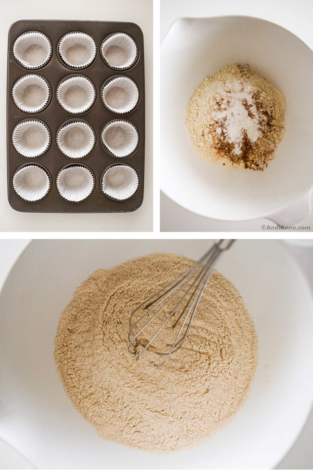 Three images in one: 1. Overhead view of muffin tray with 12 paper liners inserted. 2. Overhead view of dry ingredients added to white bowl. 3. Overhead view of dry ingredients mixed.