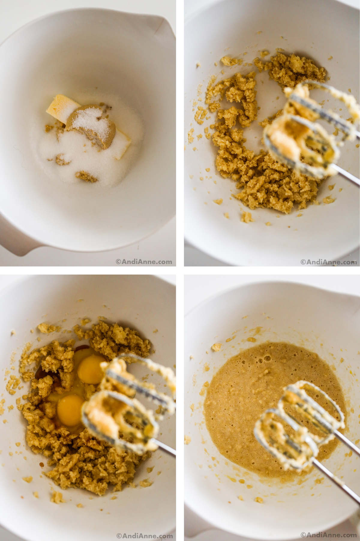 Four images in one: 1. Overhead view of butter, granulated sugar and brown sugar in a white bowl. 2. Ingredients are mixed with a hand mixer. 3. Two eggs are added. 4. Eggs are mixed with hand mixer. 
