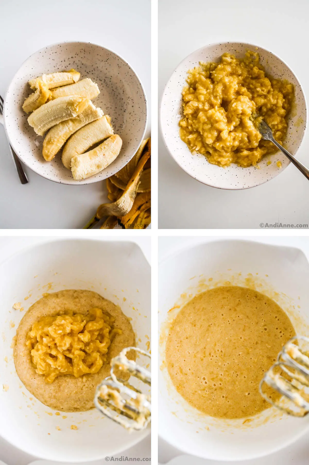 Four images in one: Ripe bananas in a white bowl. 2. Bananas have been mashed with a fork. 3. Mashed banana is added to bowl with wet ingredients. 4. Bananas are mixed with hand mixer. 