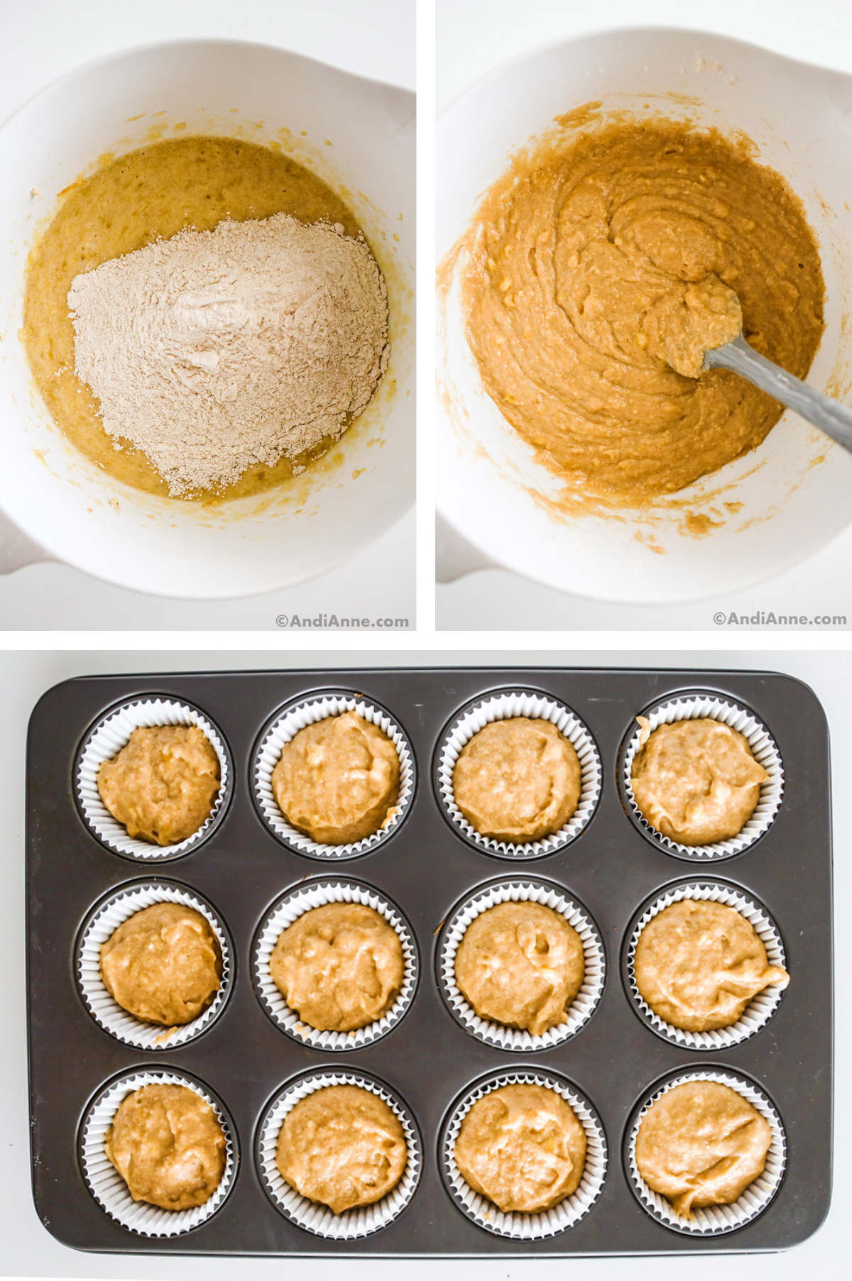 Three images in one: 1. Dry ingredients are poured on top of wet ingredients. 2. Dry ingredients are mixed in using a spatula. 3. Overhead view of the mixed batter in the paper lined muffin tray. 