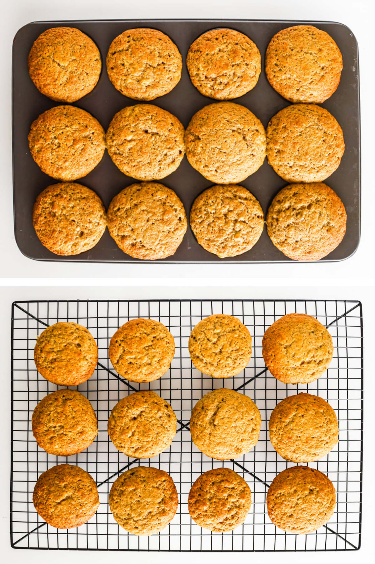Two images in one: 1. Overhead view of baked muffins in tray. 2. Overhead view of baked muffins cooling on a rack. 