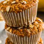 Stack of easy healthy banana oatmeal muffins
