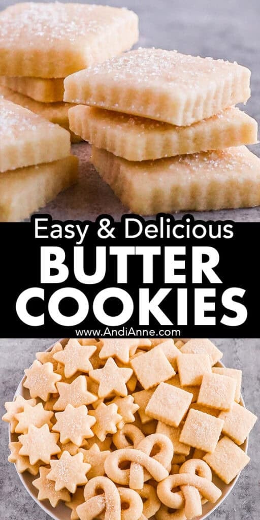 butter cookies stacked on top of each other and stacked on a plate.