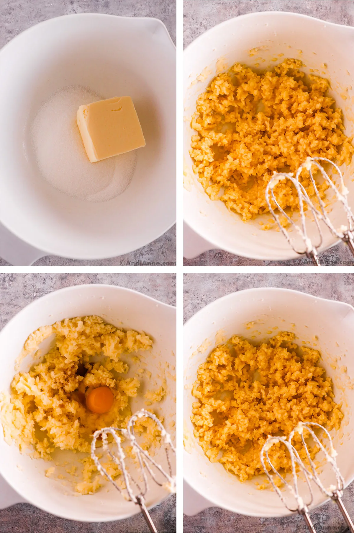 Four images, first is butter and granulated sugar unmixed, second is mixed together. Third image has egg dumped in, fourth has egg mixed in.
