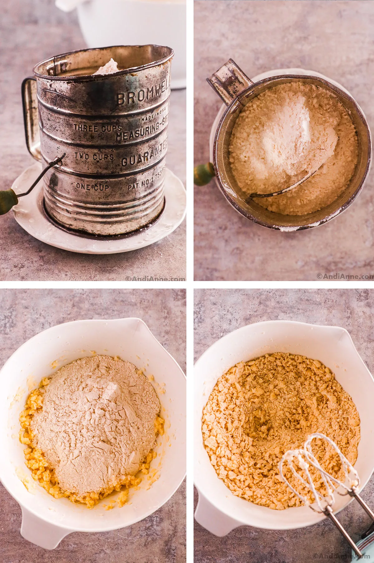 Four images combined, first two are a sifter with flour inside. Second two are bowl of cookie mixture with flour first unmixed, then mixed together to form a crumbly mixture.