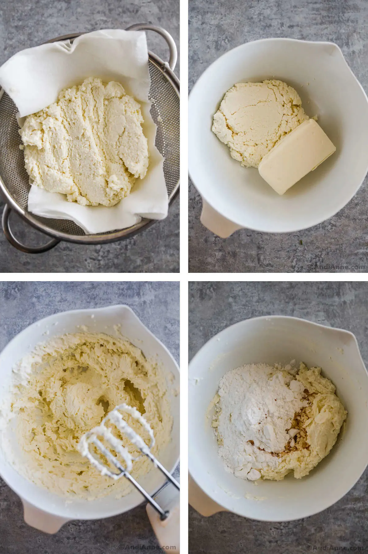 Four images in one. 1. Ricotta cheese on paper towel in a strainer draining liquid. 2. Drained ricotta and cream cheese together in white mixing bowl. 3. Both cheeses are mixed together with a hand mixer. 4. Sugar and Vanilla extract are added to the bowl. 