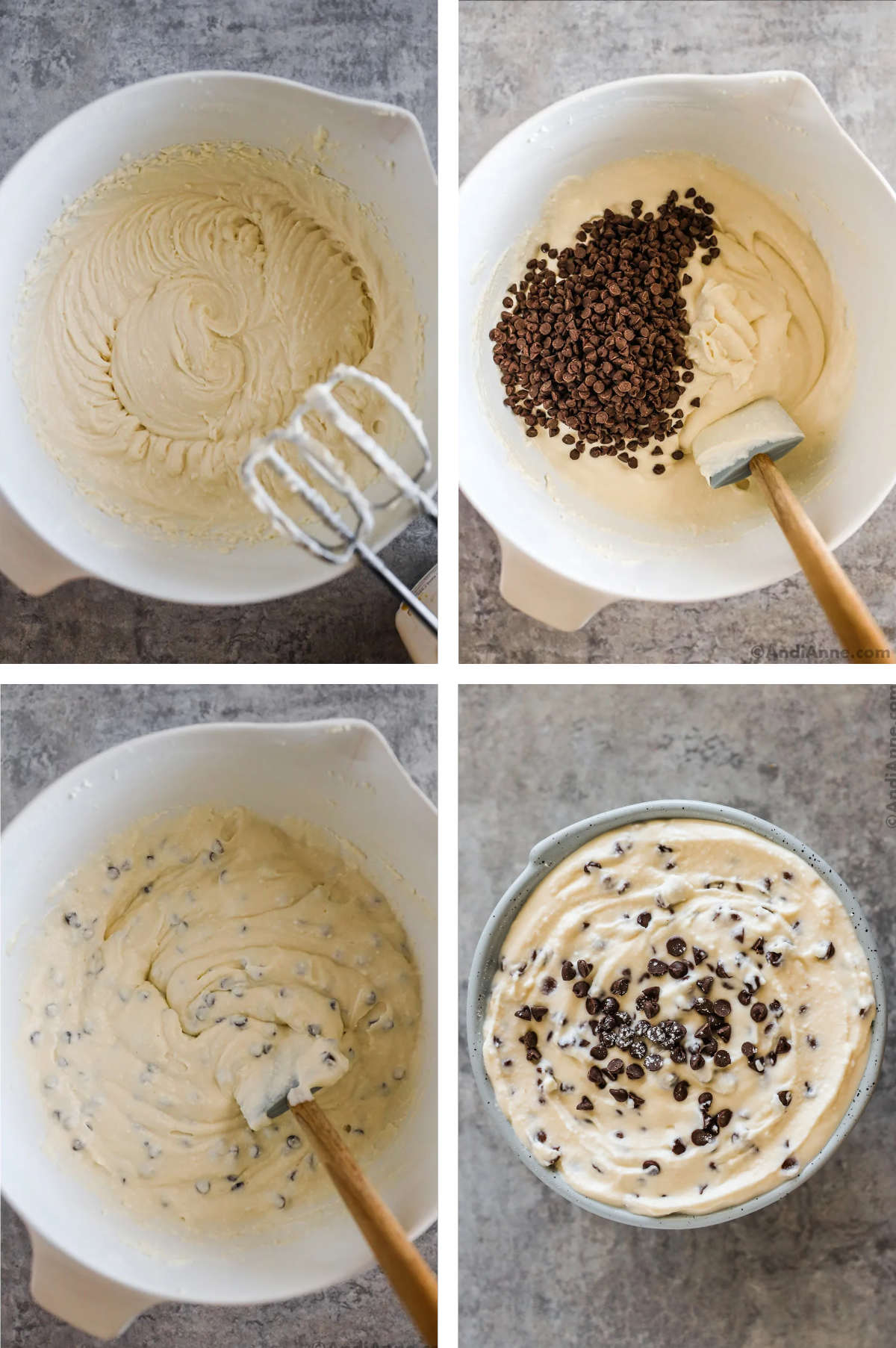 Four images in one. 1. Sugar and Vanilla extract are mixed. 2. Chocolate chips are added to the mixture. 3. Chocolate chips are mixed in. 4. The final Cannoli recipe is served in a blue bowl. 