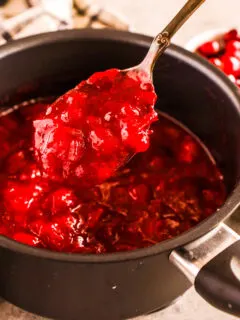 Pot of cranberry sauce with a spoon scooping it out.
