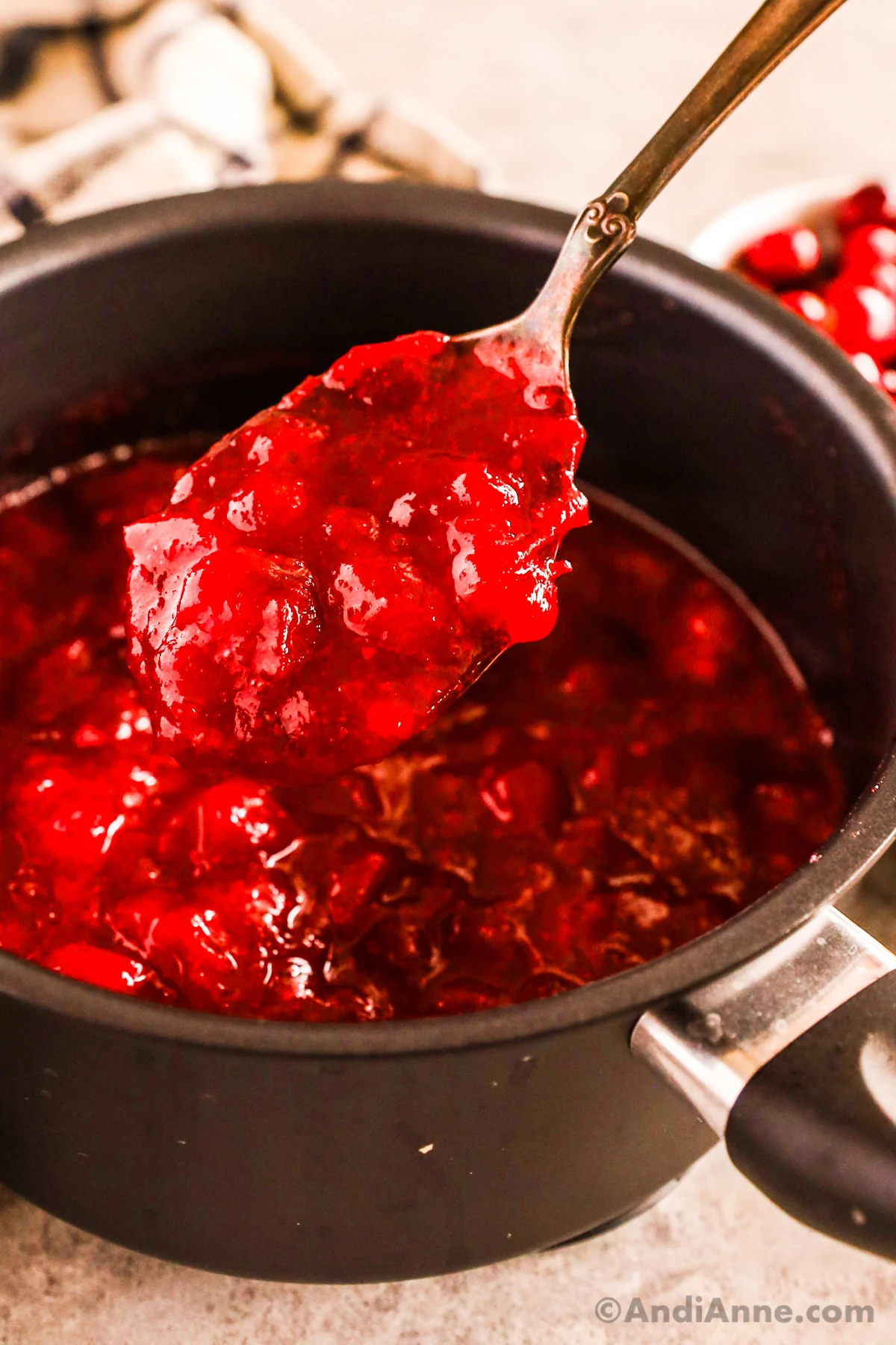 A spoon scooping cranberry sauce in a pot.