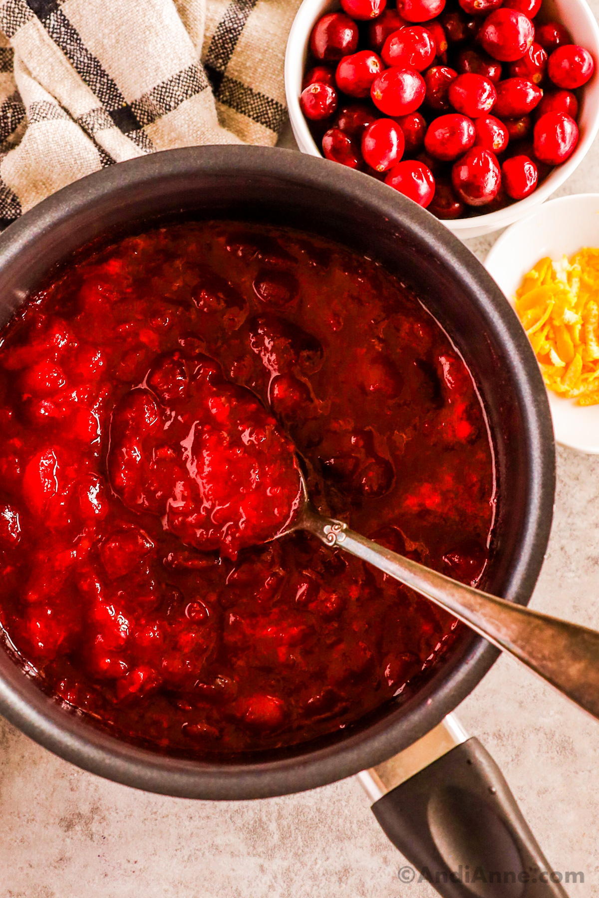 A saucepan with cranberry sauce and a spoon. Small bowls of fresh cranberries and orange zest beside it.