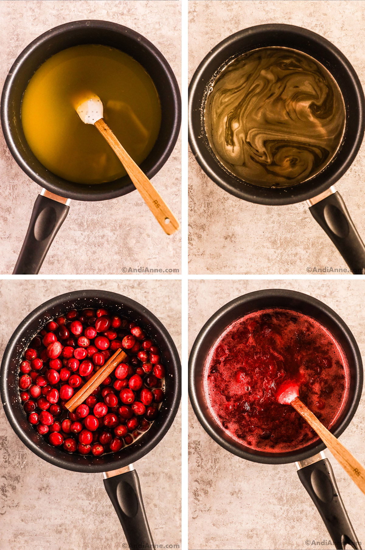 Four images of a saucepan, first two with honey and orange juice. Second two with fresh cranberries and cinnamon stick added, then broken down to a red sauce.