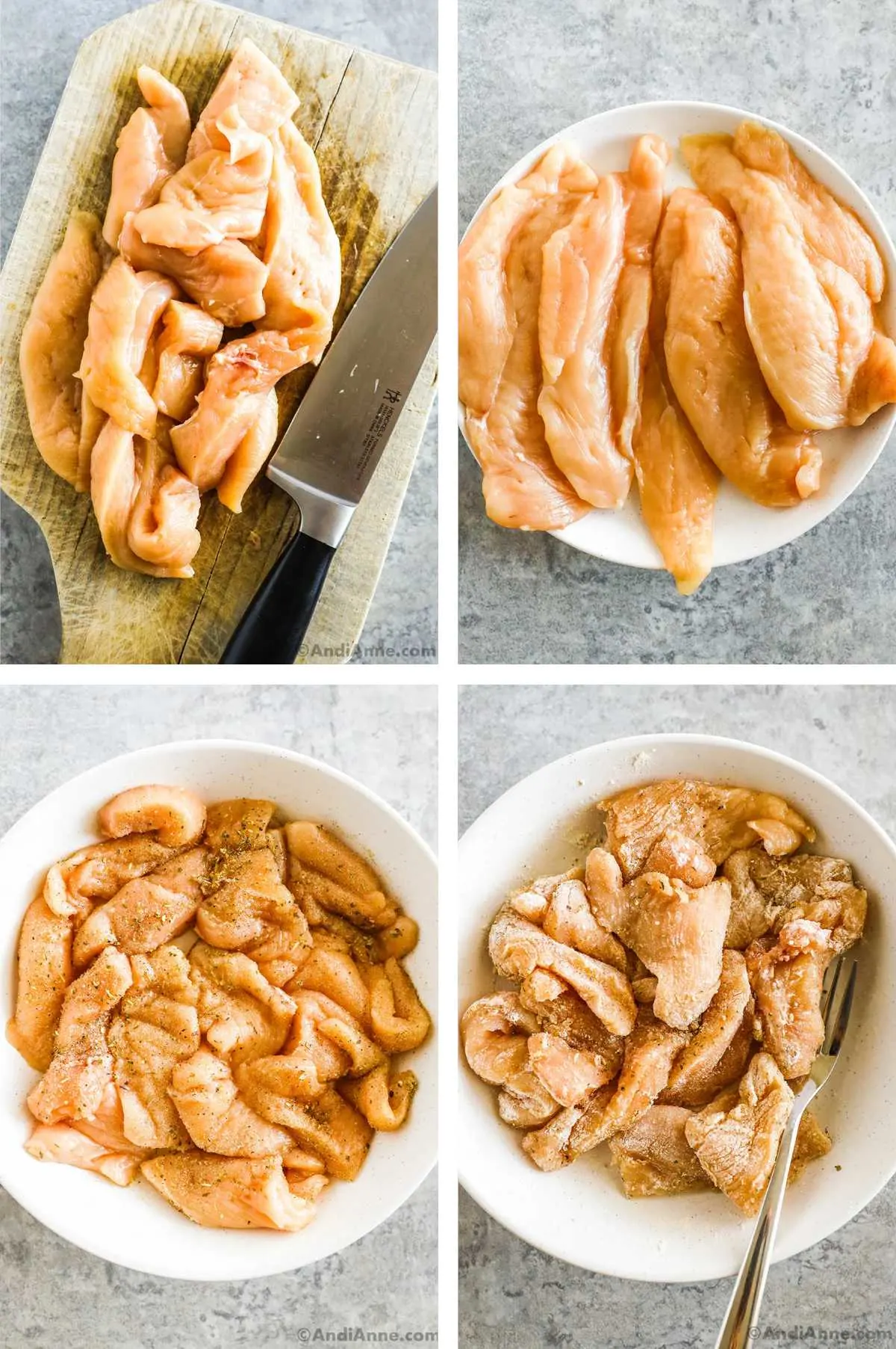 Four images in one: 1. Chicken breast slices on a cutting board with a knife to the right. 2. Sliced Chicken breast on a white plate. 3. Sliced chicken in a bowl with salt and pepper and Italian seasoning. 4. Flour is added to the chicken and a fork rests to the side. 