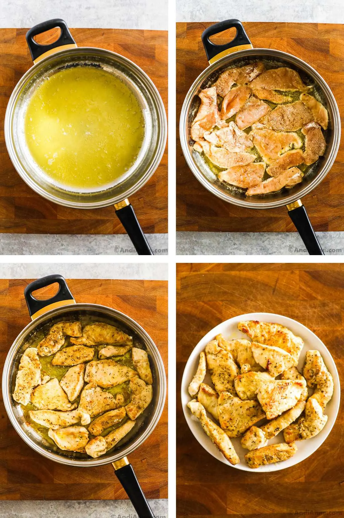 Four images in one: 1. Olive oil and butter heated and melted in a pan. 2. Side one of chicken strips is placed in pan. 3. Chicken is flipped to sear side two. 4. Chicken is placed on a white plate and set aside. 
