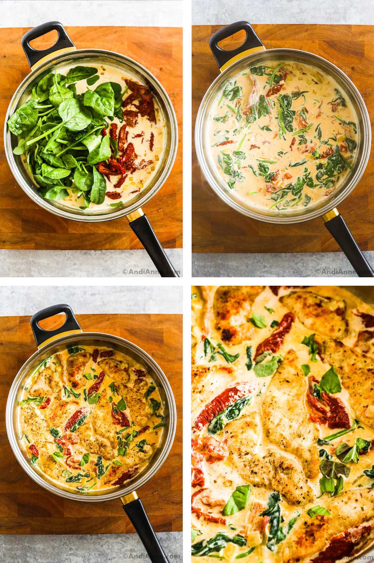 Four images in one: 1. baby spinach, and sliced sun-dried tomatoes are added to the pan. 2. Seared Chicken is added to the mixture. 3. Pan is removed from heat, placed on wooden cutting board, basil, salt and pepper are stirred in. 4. Closeup of the finished recipe. Chicken, sun-dried tomatoes, spinach, pepper and fresh basil. 