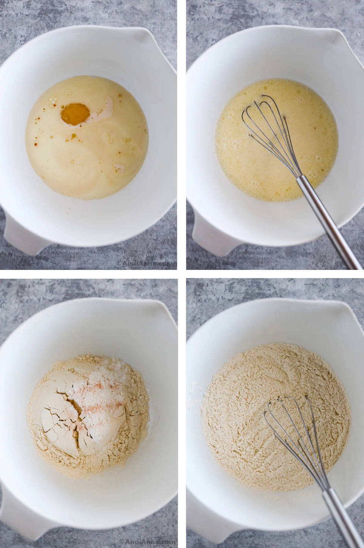 Four images in one: 1. large egg, vegetable oil, milk and vanilla extract in a white bowl. 2. Ingredients are mixed. 3. All-purpose flour, baking powder, granulated sugar and salt in a white bowl. 4. Ingredients are mixed.