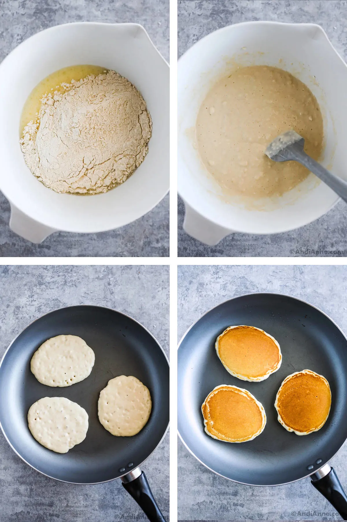 Four images in one: 1. Dry ingredients are added to wet. 2. Ingredients are mixed with a spatula. 3. Three pancakes are in a frying pan, top is not cooked. 4. Pancakes are flipped in frying pan to show cooked side. 