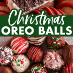 Christmas oreo ball truffles covered in white and milk chocolate. Some drizzled with chocolate, red candy melts or sprinkles.