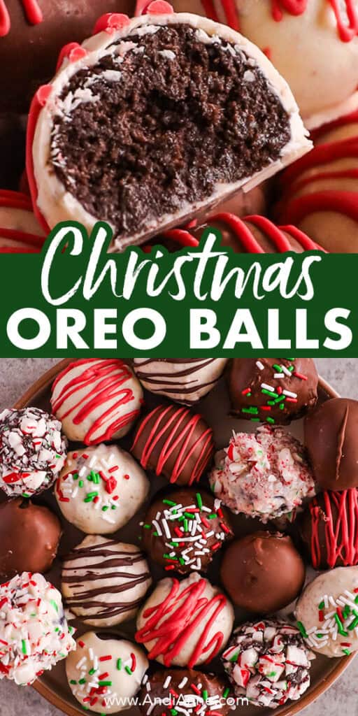 Christmas oreo ball truffles covered in white and milk chocolate. Some drizzled with chocolate, red candy melts or sprinkles.