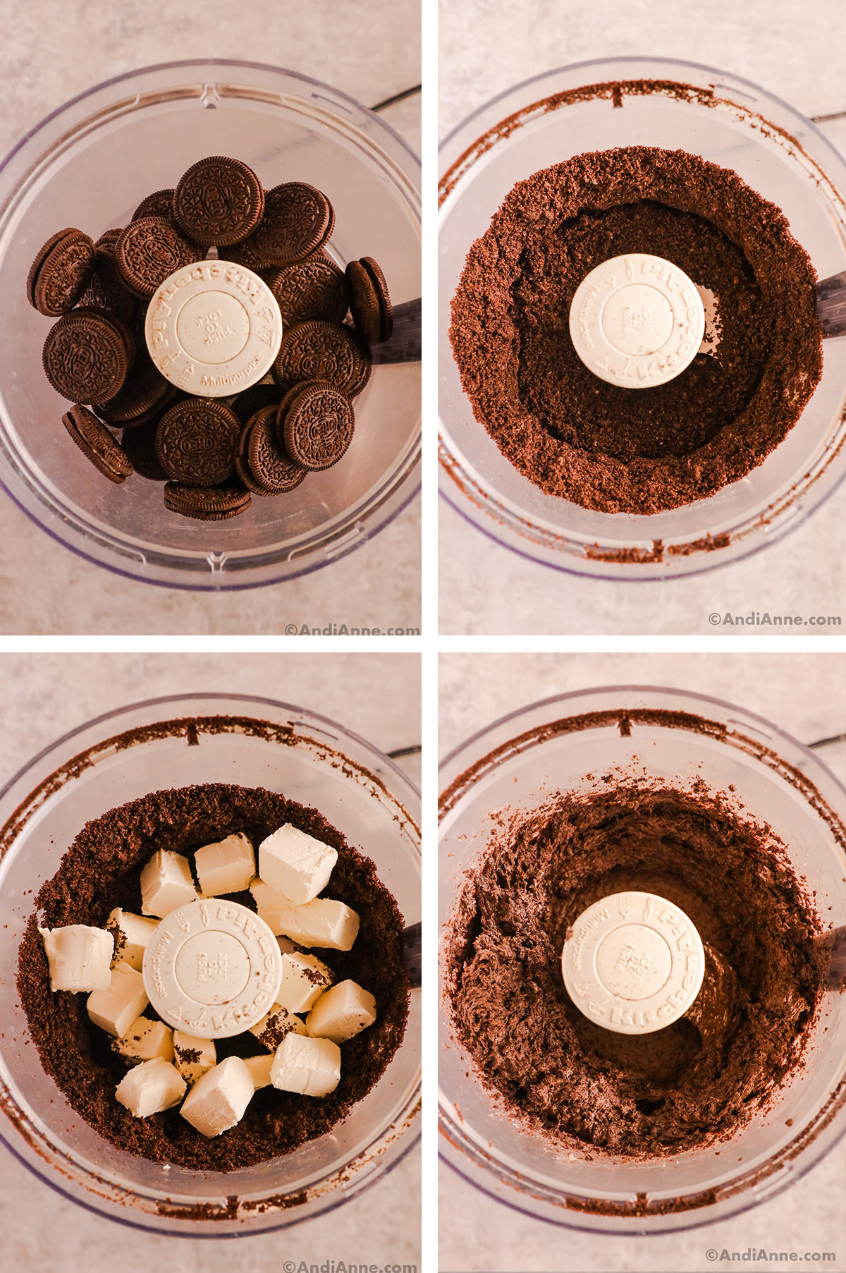 Four images of a food processor. First is oreo cookies inside, second is oreo crumbs, third is cubes of cream cheese over crumbs, fourth is creamy chocolate mixture.