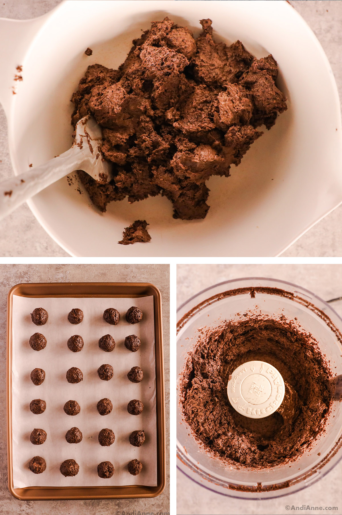 A bowl with creamy Oreo mixture, A baking sheet with rolled oreo balls, a food processor with oreo mixture.