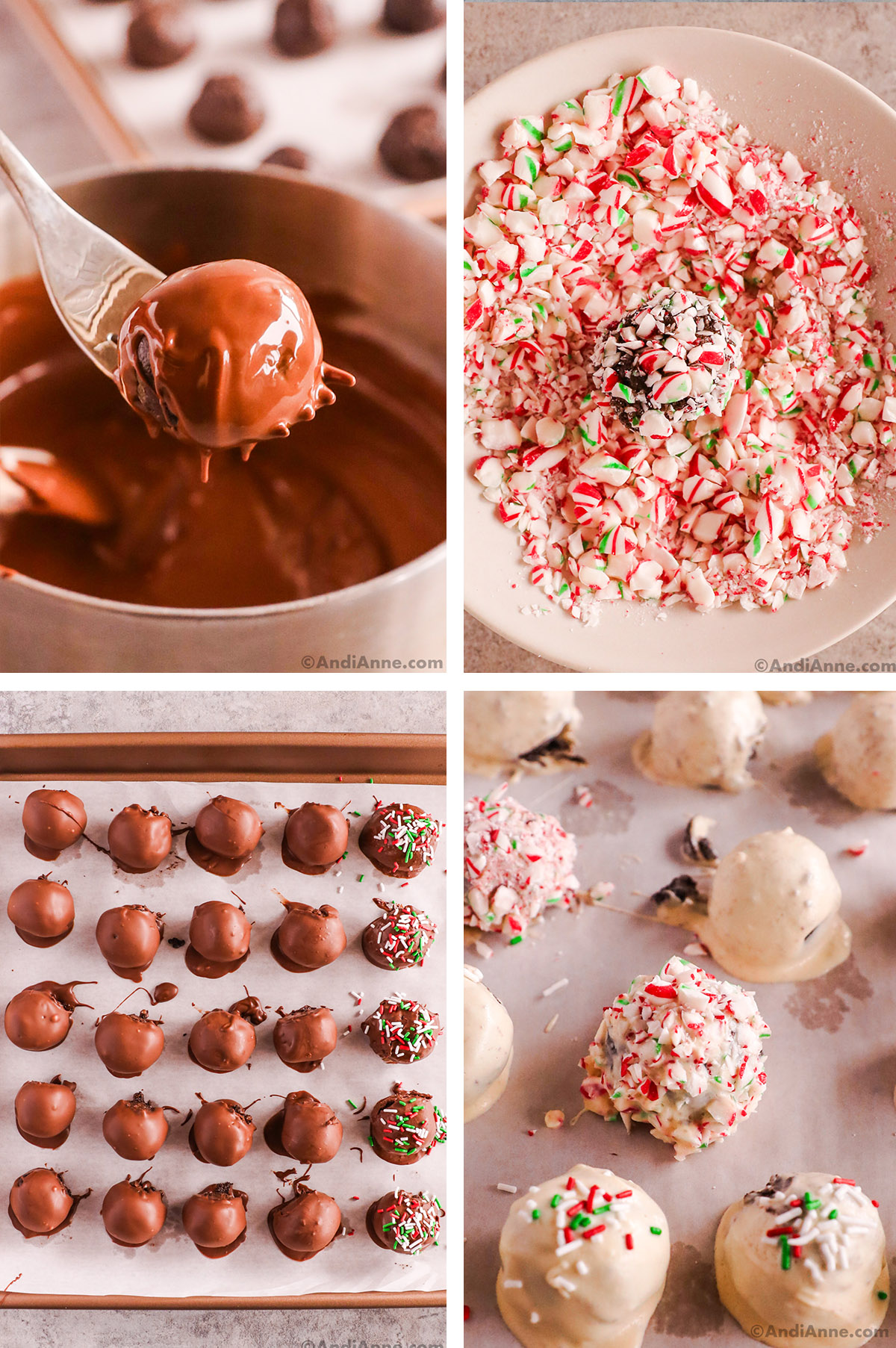Four images: A fork holding a ball covered in melted chocolate, a plate with crushed candy canes and a boll rolled in it, a baking sheet with oreo balls covered in chocolate, some with sprinkles on top. Las is balls rolled in white chocolate, some with crushed candy canes, some with sprinkles.