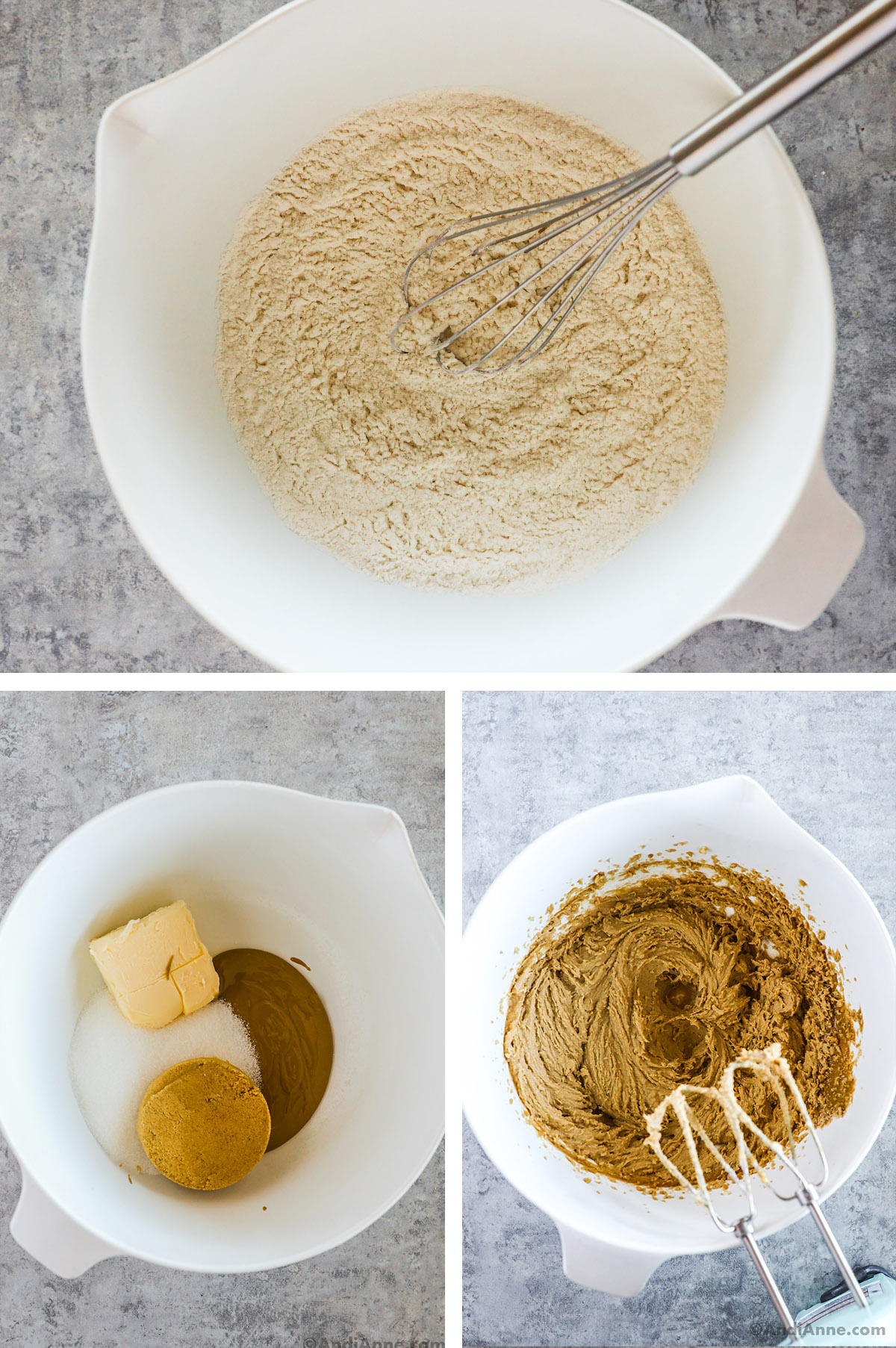 Three images, first is dry ingredients in a bowl with whisk. Second and third are butter and sugar first unmixed then mixed in the bowl.