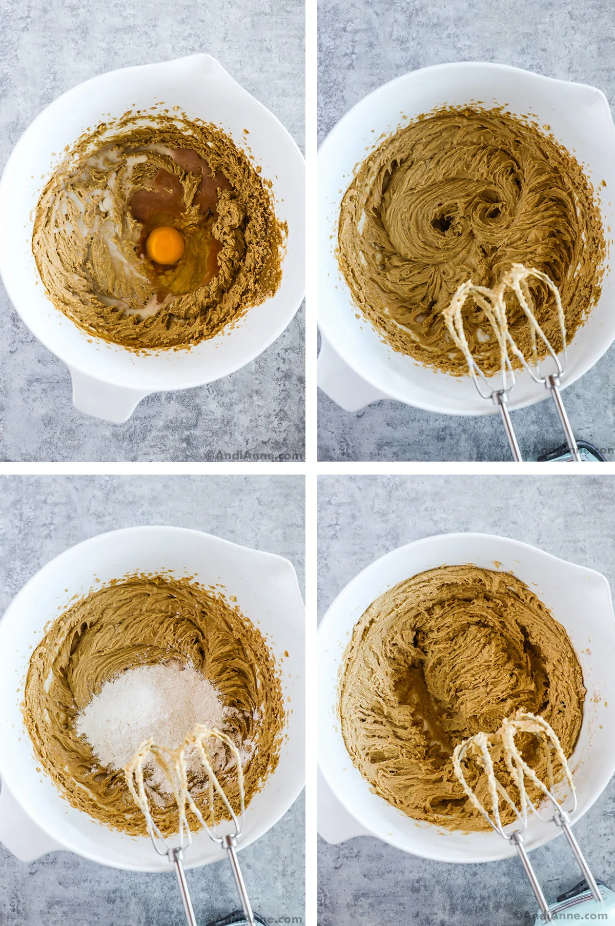 Four images of a bowl with creamed butter and eggs and flour and a hand mixer.