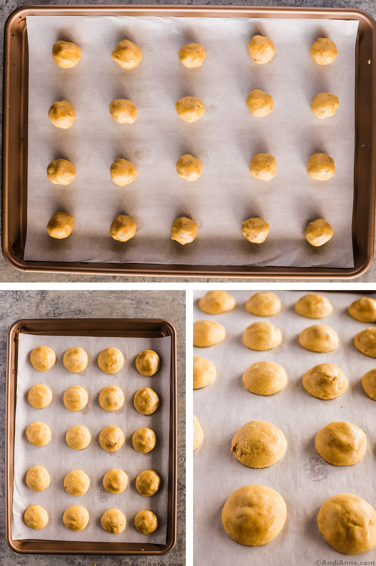 Rolled cookie dough balls on a baking sheet first unbaked then baked and slightly flattened.