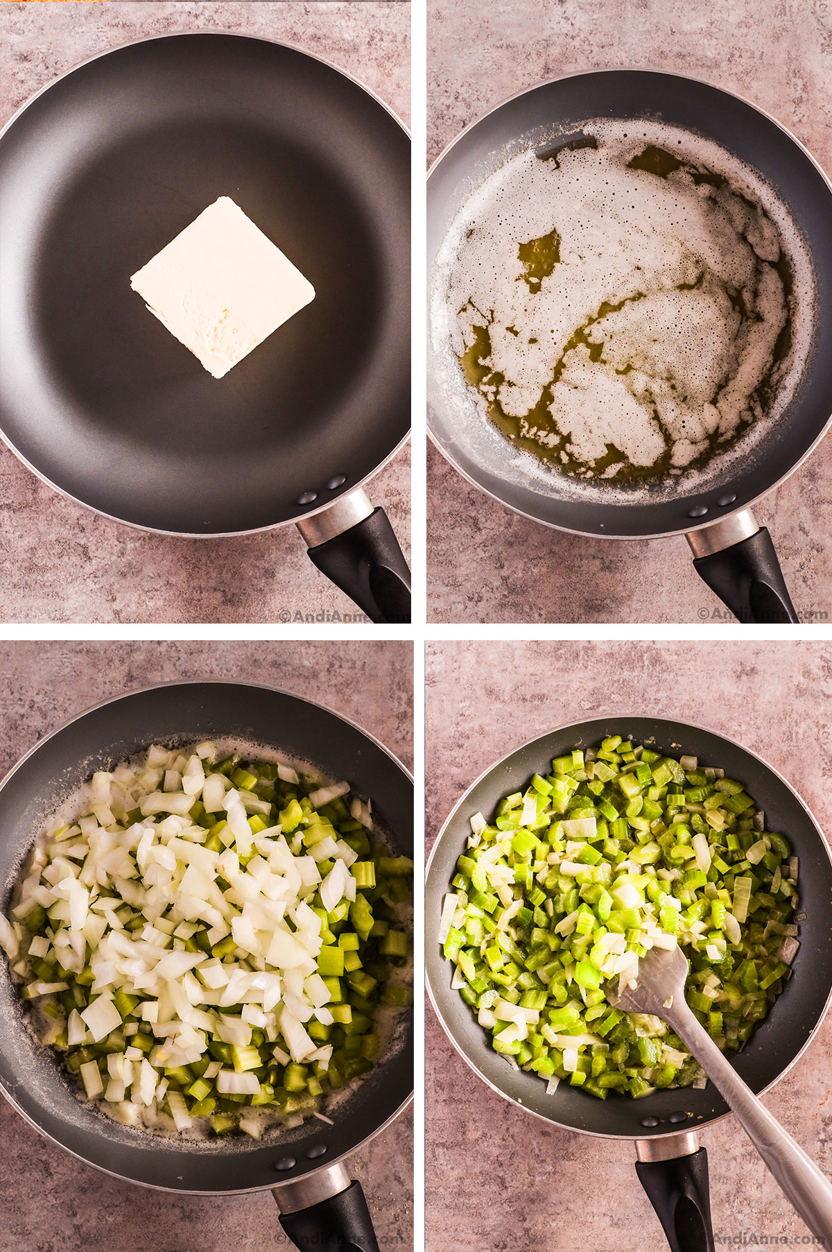Four images of a frying pan. First two have a stick of butter, unmelted then melted. Second two with chopped onion and celery, raw then sauteed.