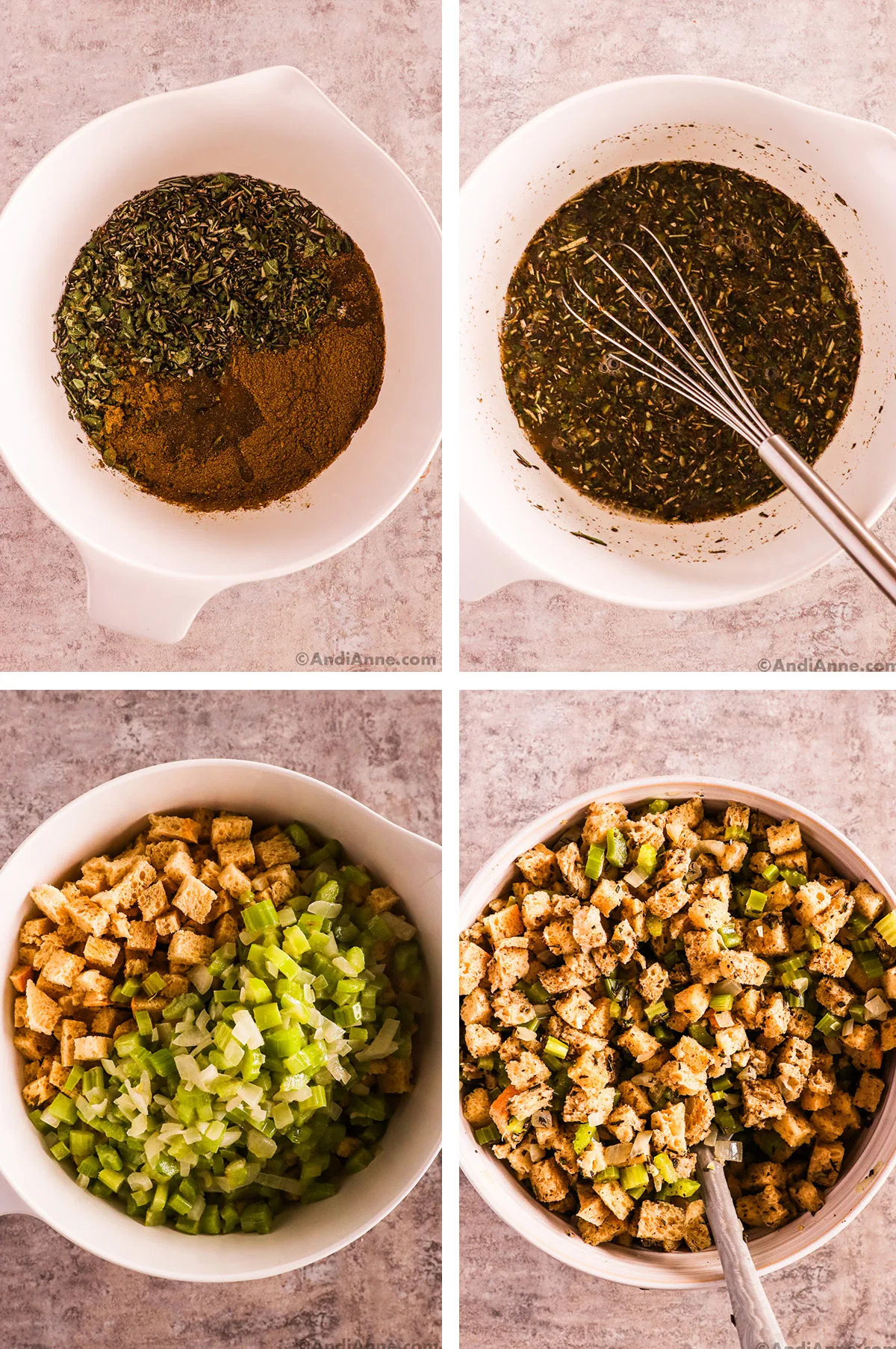Four images, first two with a bowl of herbs and spices in broth, unmixed then mixed with a whisk. Third and fourth with bread crumbs, celery and onion, unmixed and mixed.
