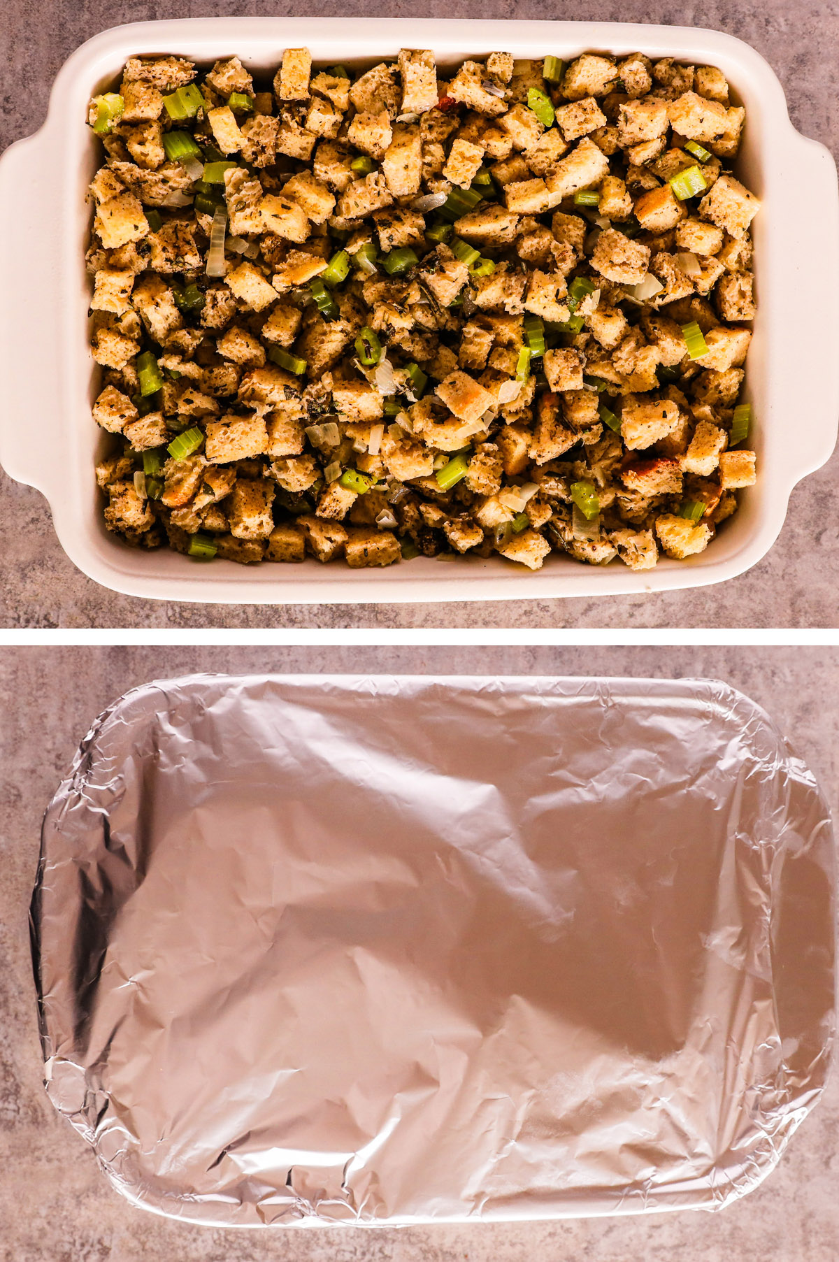 Casserole dish with stuffing, first uncovered then covered with foil