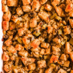 Close up of stuffing recipe in white dish