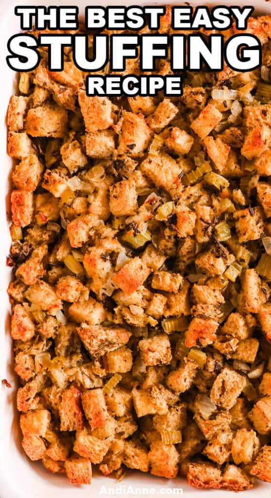 Close up of stuffing recipe in white dish