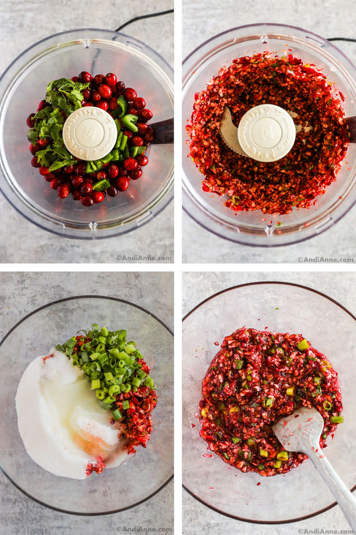 4 overhead view images in one: 1. Cranberries, cilantro and jalapenos added to food processor. 2. Ingredients are pulsed into small pieces. 3. Onions, sugar, lemon and salt are added to a bowl along with the cranberry, jalapeno and cilantro. 4. All ingredients are mixed with a spatula. 