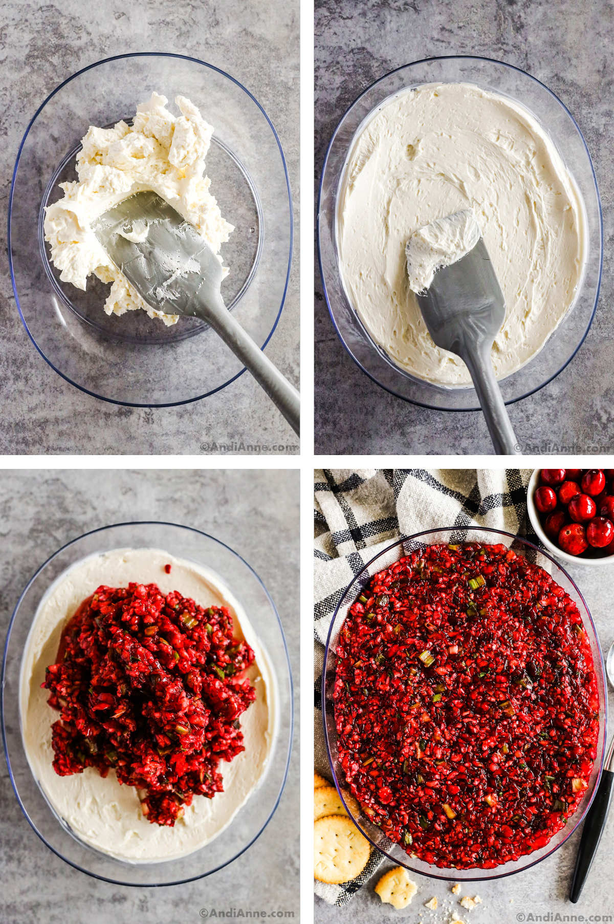 Four overhead images in one: 1. Cream cheese is placed in low profile glass bowl. 2. Cream cheese is spread flat with spatula. 3. Cranberry mixture is placed on top. 4. Cranberry mixture is spread with spatula. The bowl sits on hand towel with crackers in bottom left and fresh cranberries in top right. 