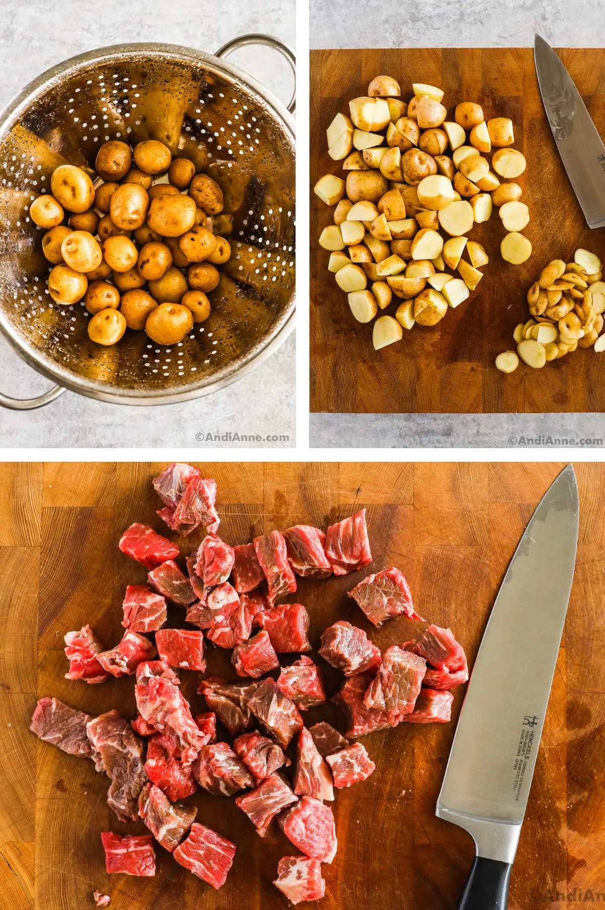 Three overhead images in one: 1. Washed mini potatoes in metal strainer. 2. Potatoes on cutting board shopped. 3. Steak on cutting board chopped into cubes with chef knife on the side. 