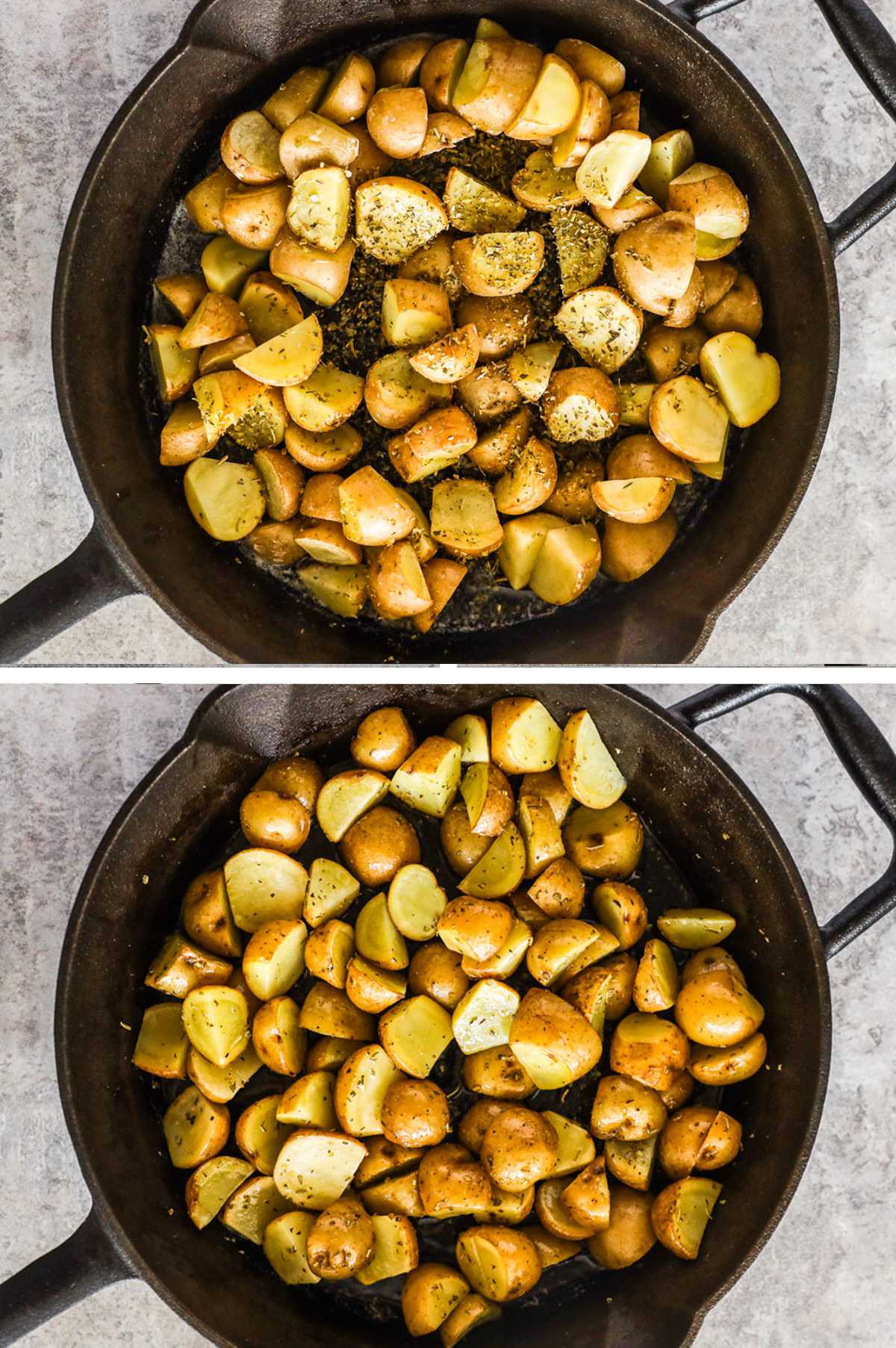 Two overhead images in one: 1. Potatoes in cast iron pan with seasoning before cooking. 2. Potatoes in cast iron pan with seasoning after cooking.