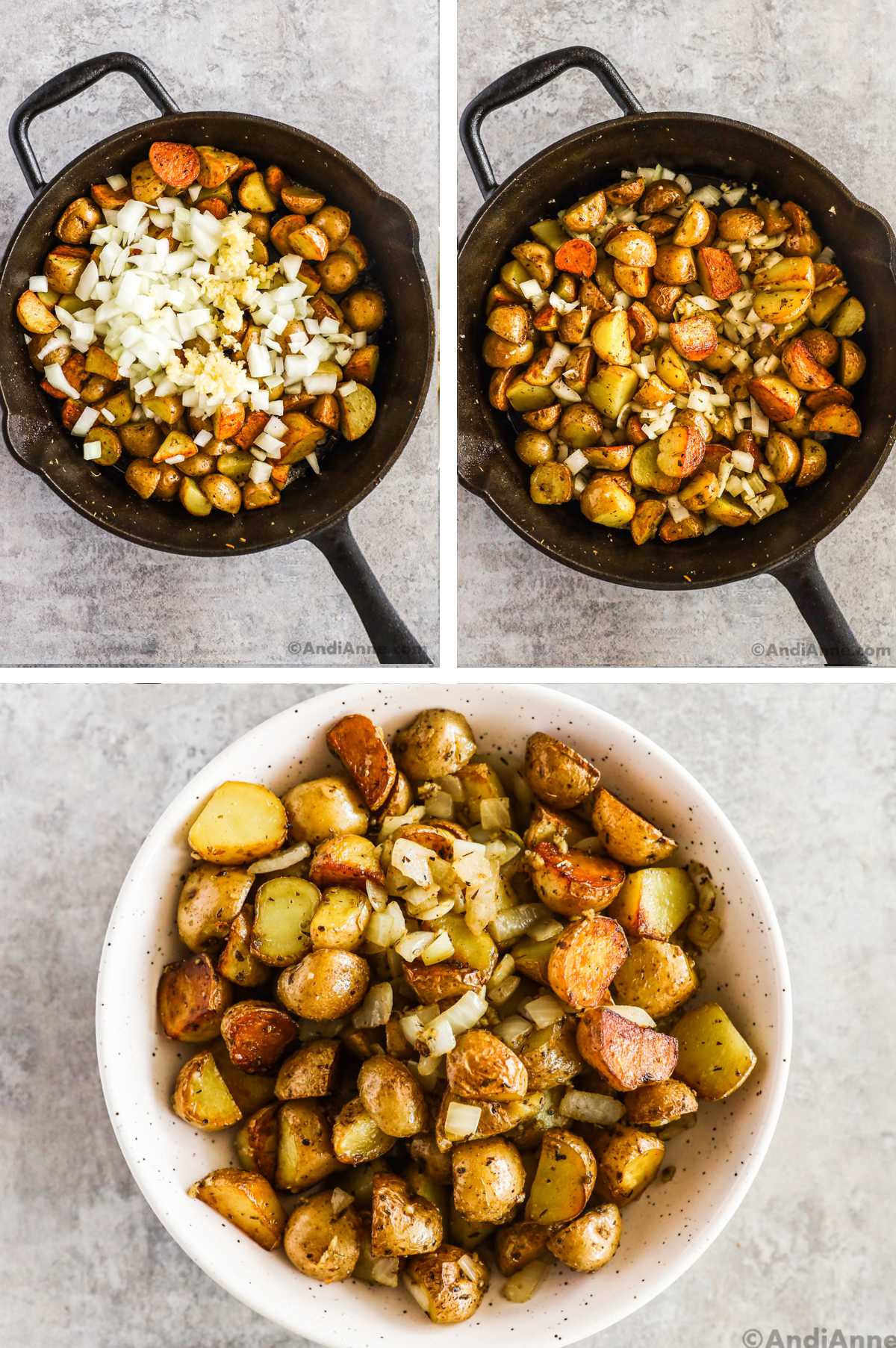 Three overhead images in one: 1. Cooked potatoes in cast iron pan with garlic and onion added on top. 2. Cooked potatoes in cast iron pan with garlic and onion cooked. 3. Potatoes, onion, garlic are added to a white bowl. 