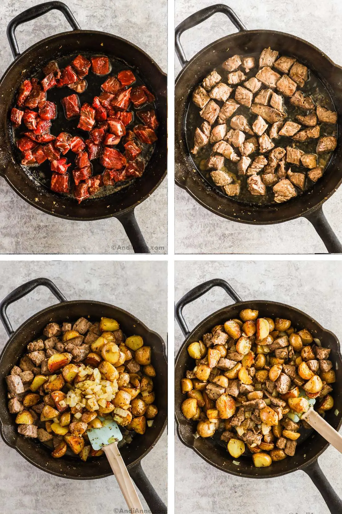 Four overhead images in one: 1. Raw steak in hot cast iron pan. 2. Cooked steak in hot cast iron pan. 3. Potato mixture is added in with the steak. 4. All ingredients are mixed together in cast iron pan. 